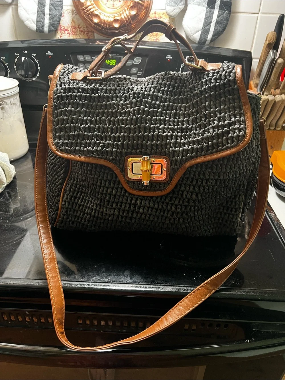 Straw Studios  Black Woven Tote with Brown Trim - Classic Women's Shoulder Bag